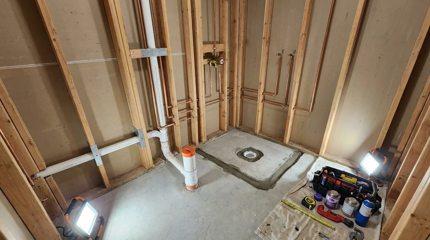 Bathroom rough-in plumbing during remodel by Johns Plumbing LLC in Madisonville