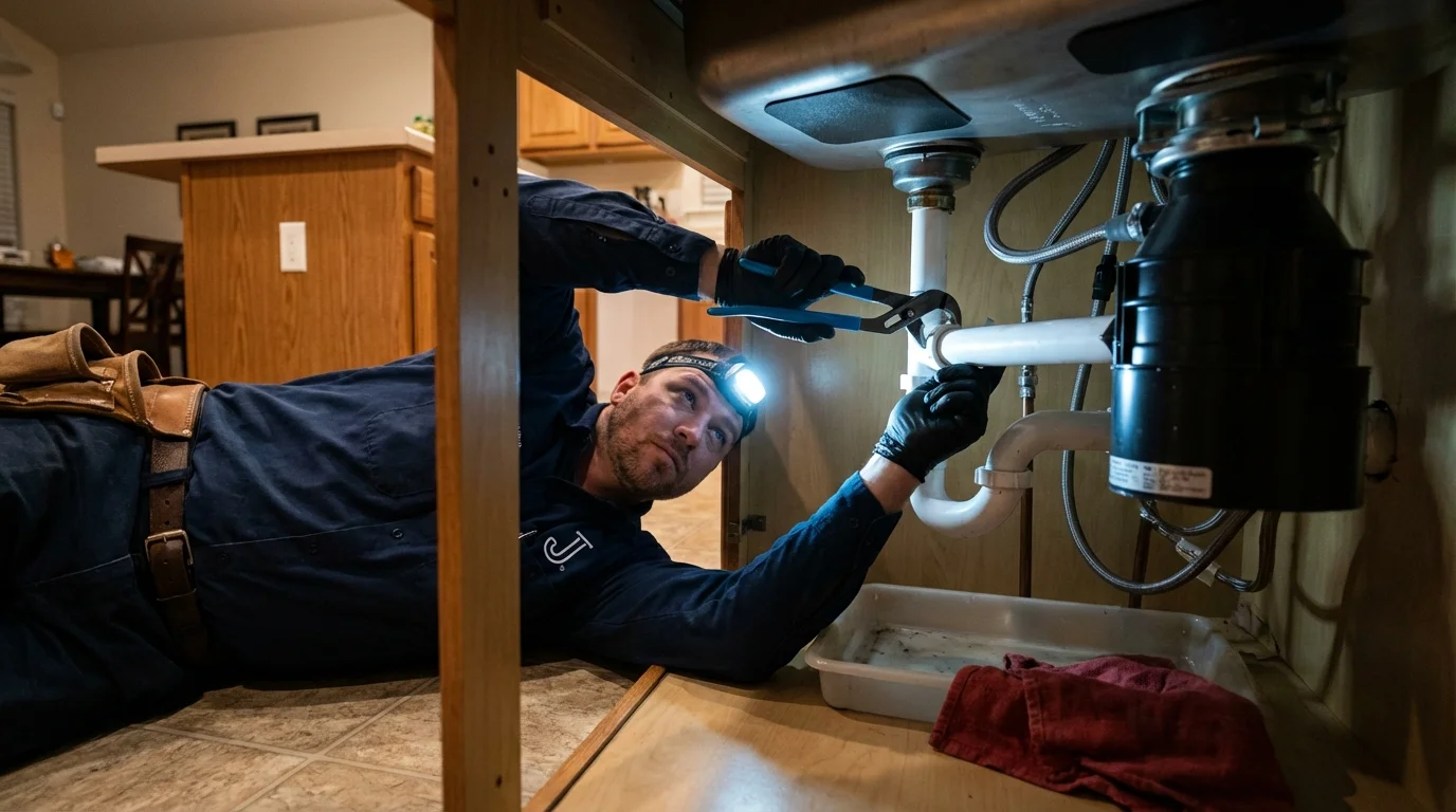 P-trap and supply line connections under a kitchen sink showing a common leak point in Madisonville, KY
